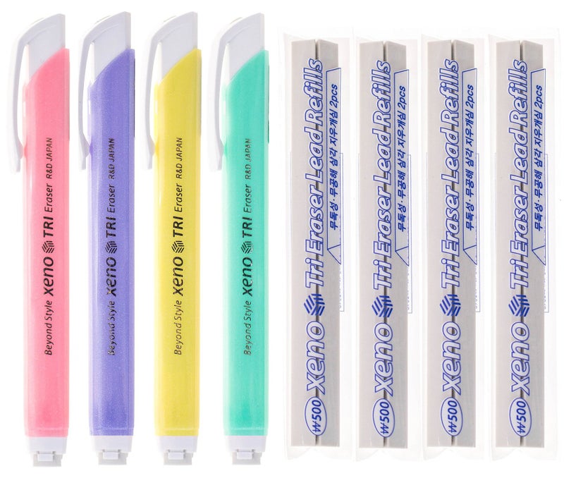 Xeno Tri-II Retractable Click 4 Erasers and 8 Refills (Assorted Colors Bundle) - Image 1